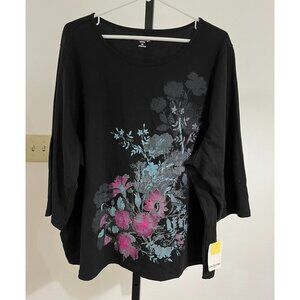 NWT Breckenridge Womens 3/4 Sleeve Floral Print Tee 3X Black Cotton/Polyester